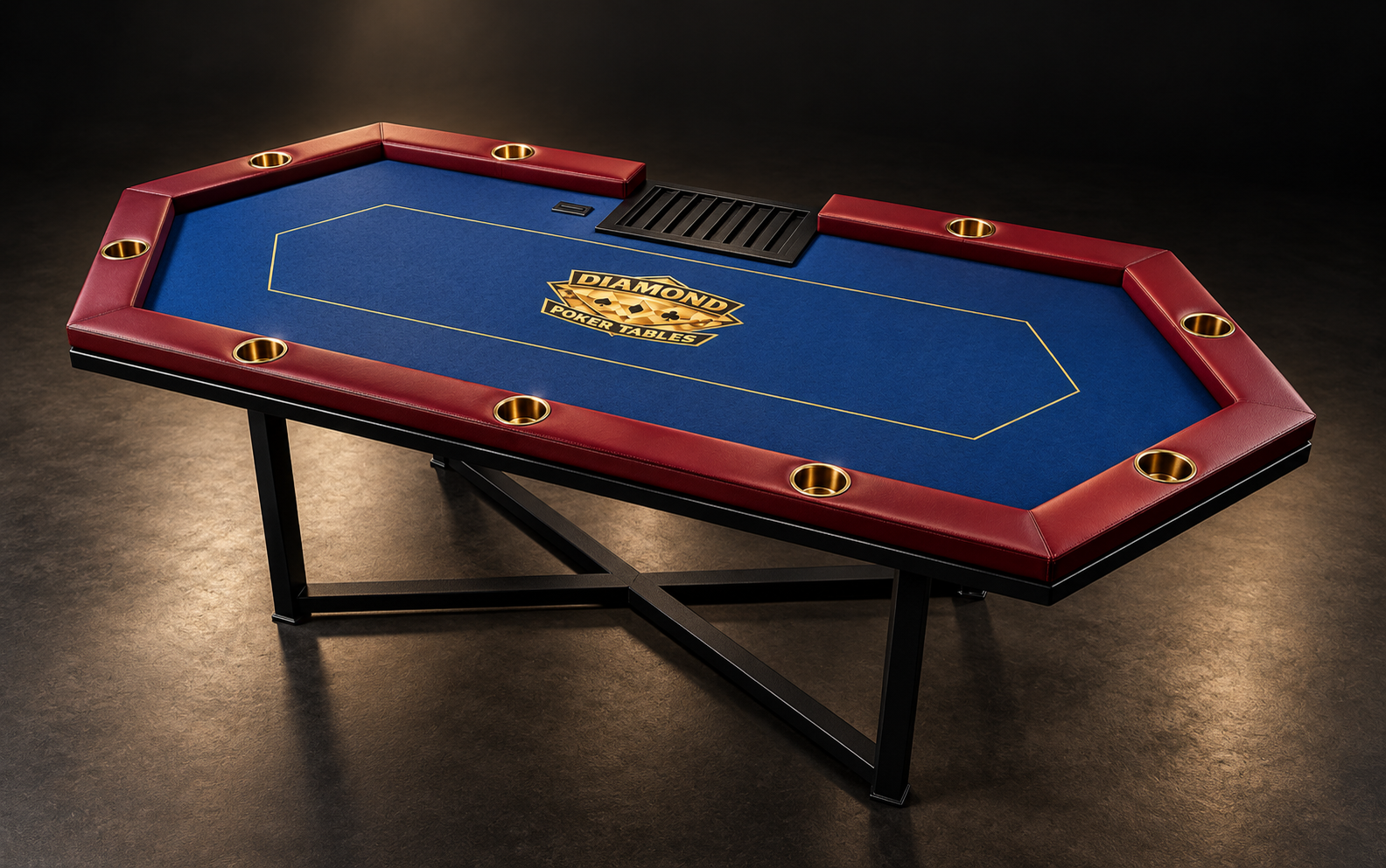 Photorealistic burgundy and blue custom poker table by Diamond Poker Tables
